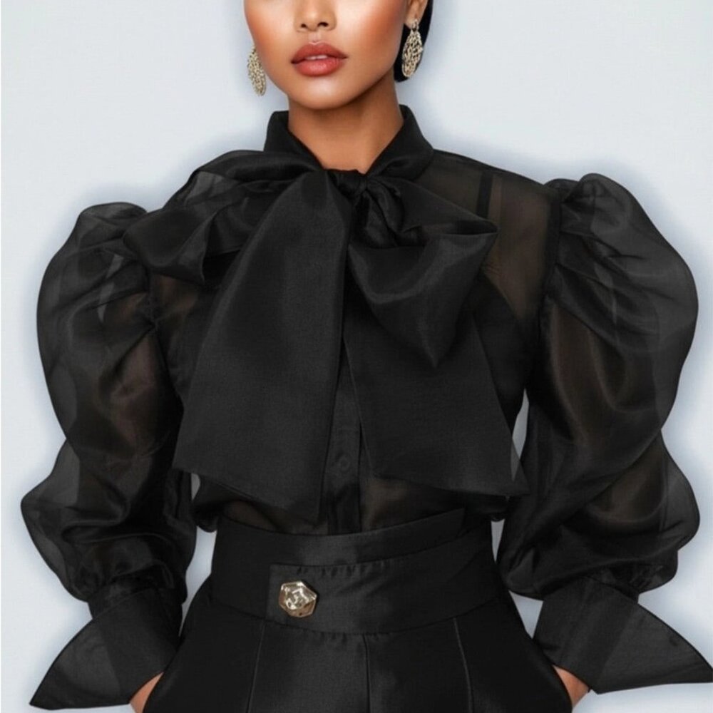Elegant Sheer Puff Sleeve Tie-Neck Blouse with Camisole โBlack Statement Top 2XL